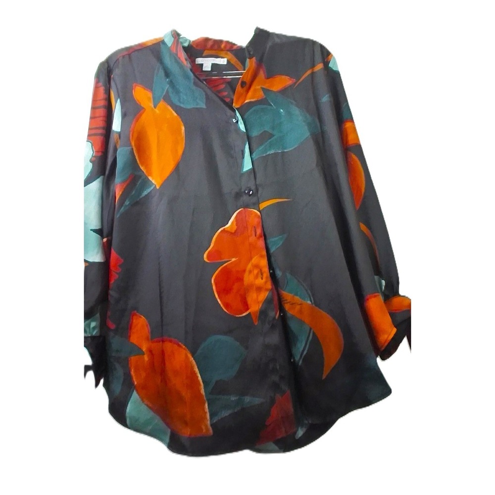 Chicos Sleek Satin Button Front Tropical Floral Blouse Black Orange Teal Size 2